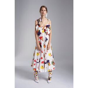 NWT MSGM Fruit Print Flared Midi Dress IT 40 US 6 White Front Bow Tie Shoulder